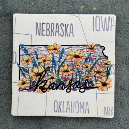 Kansas Wildflowers- State Map Stone Coaster