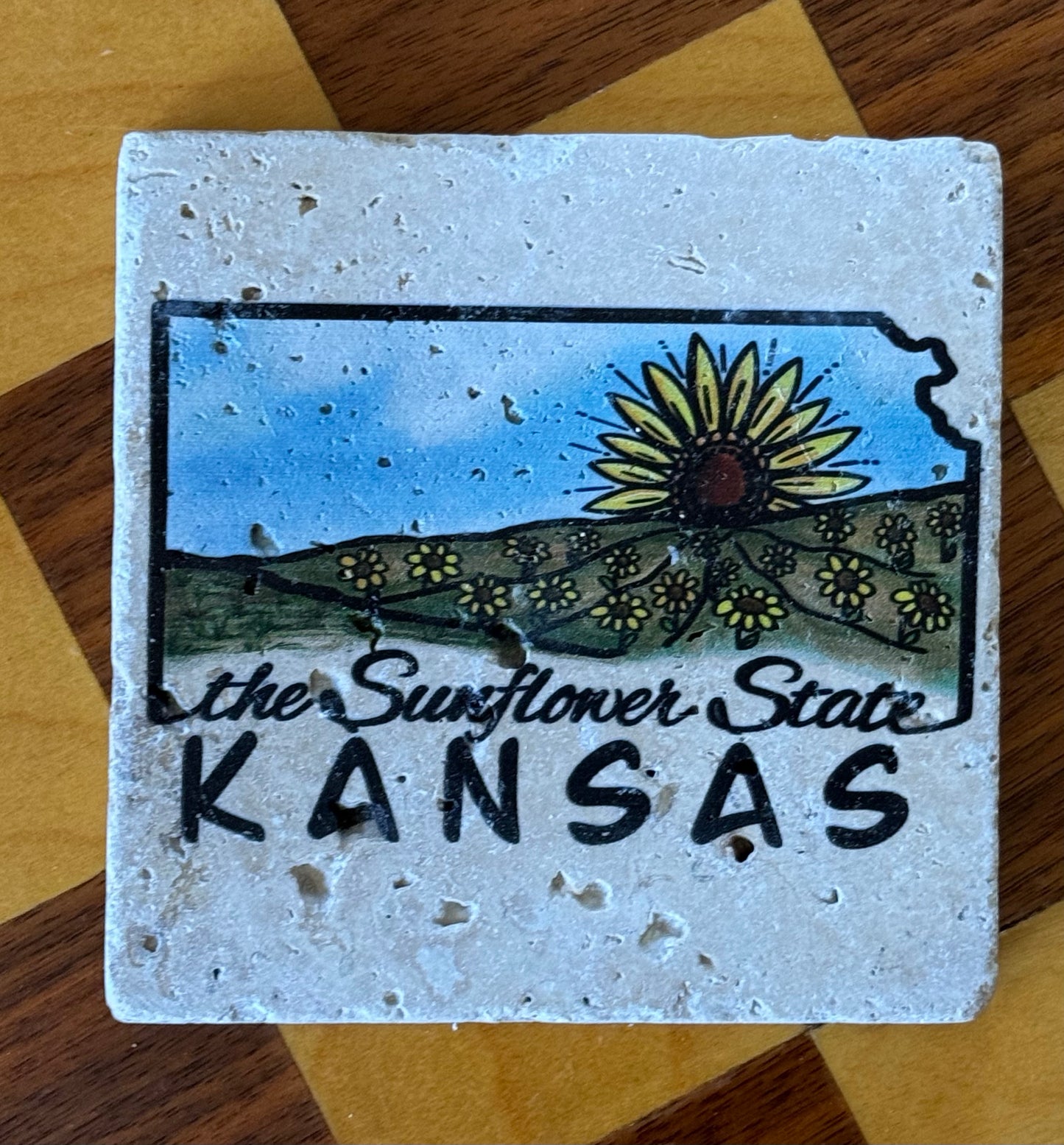 Kansas Sunflower Field Travertine Coaster