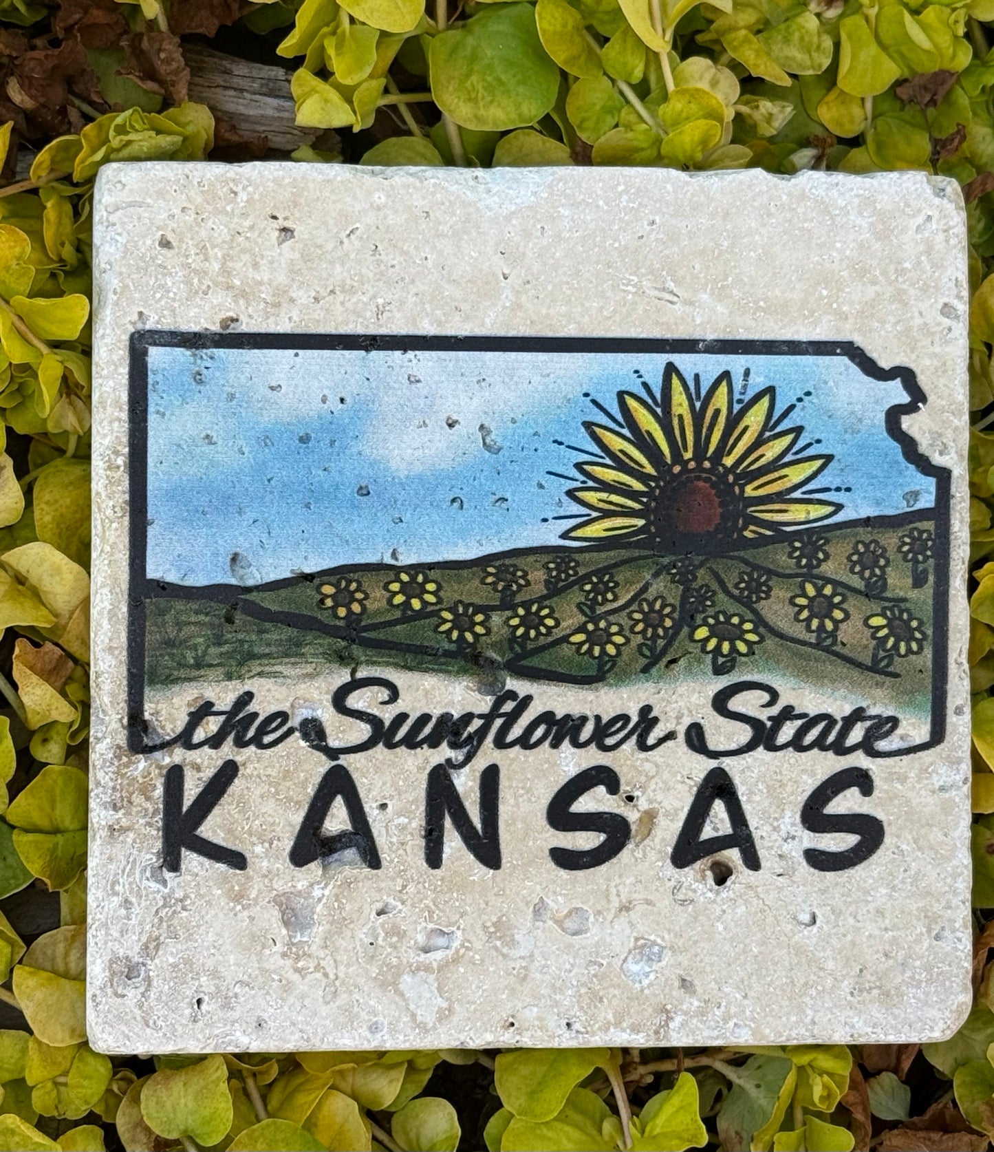 Kansas Sunflower Field Travertine Coaster