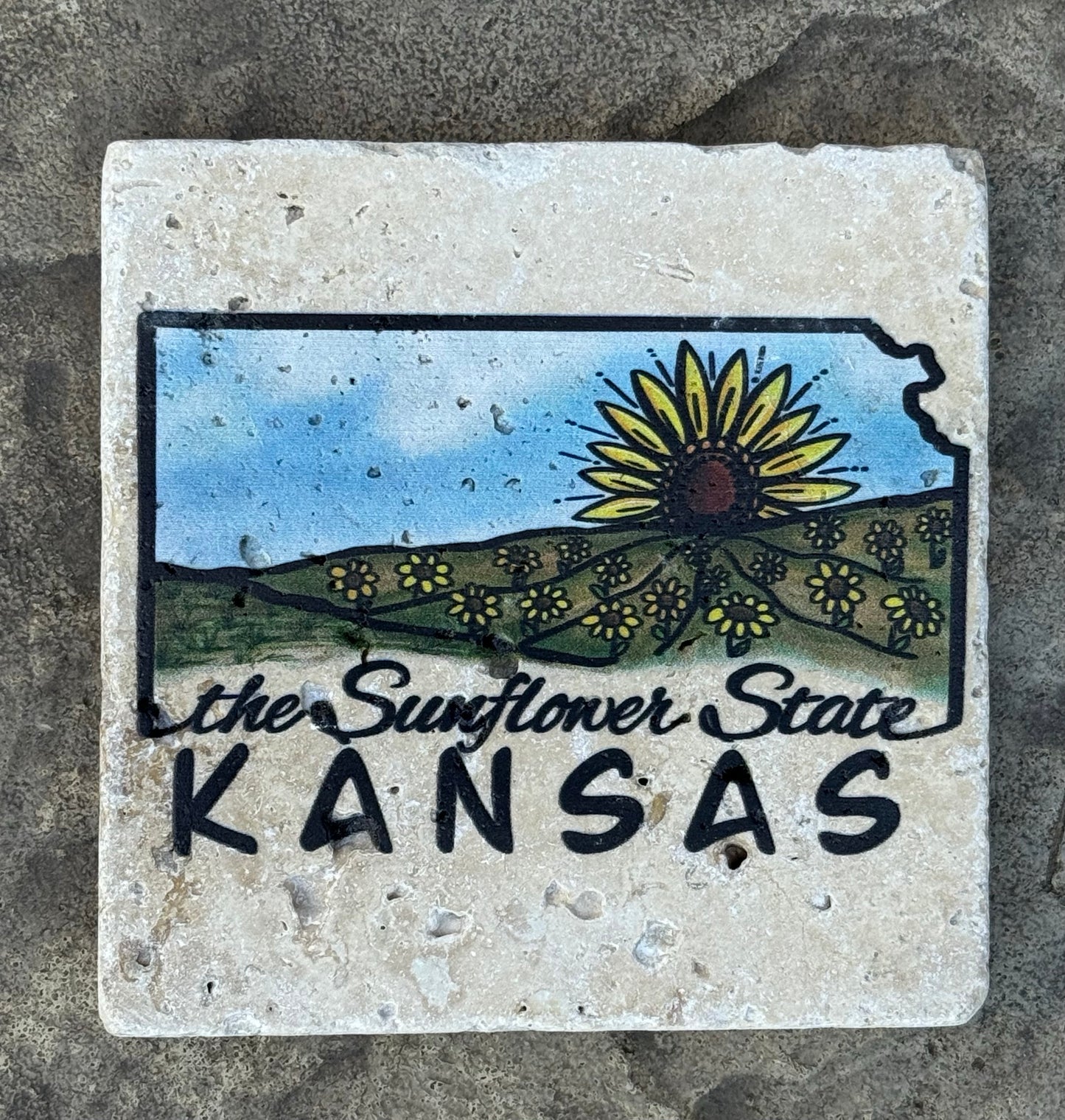 Kansas Sunflower Field Travertine Coaster