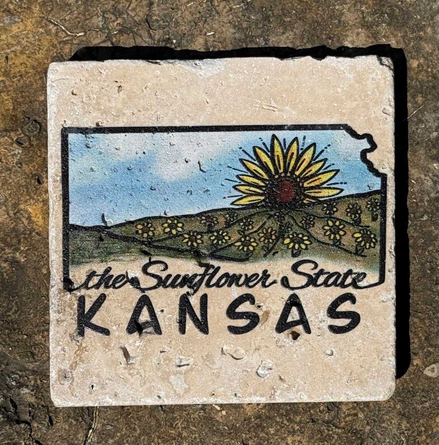 Kansas Sunflower Field Travertine Coaster