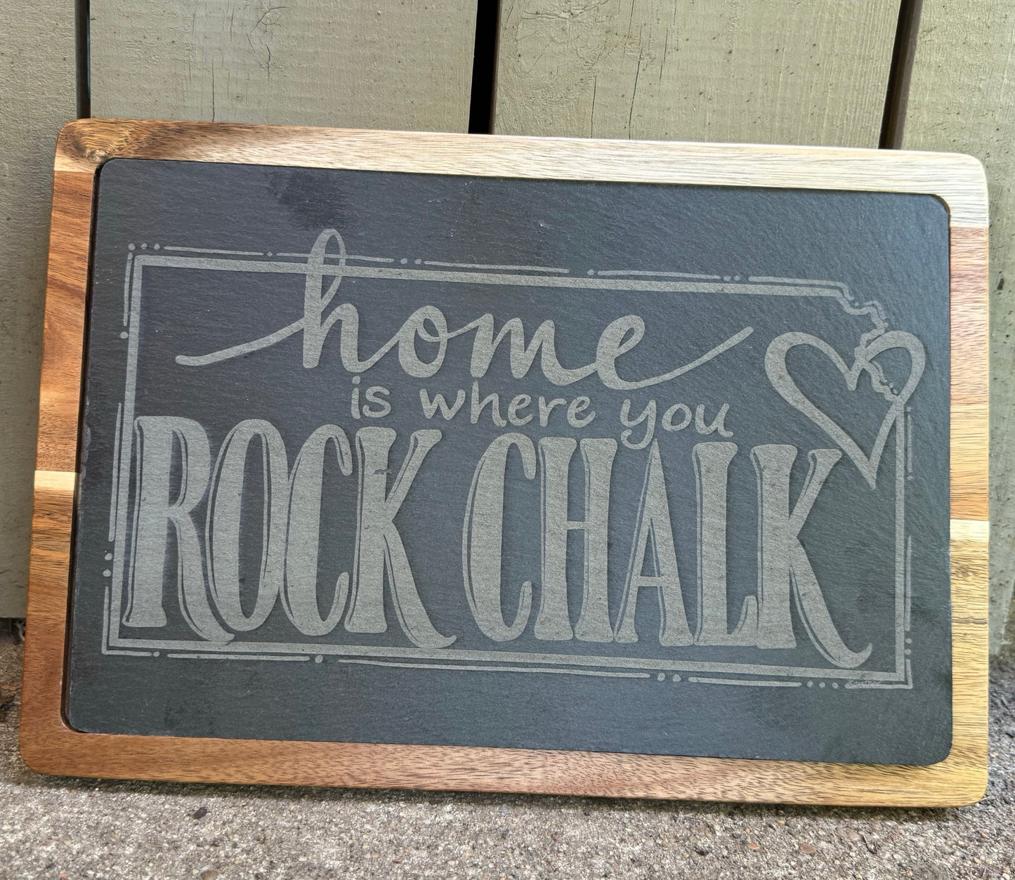 Rock Chalk Slate and Wood Engraved Cutting Board