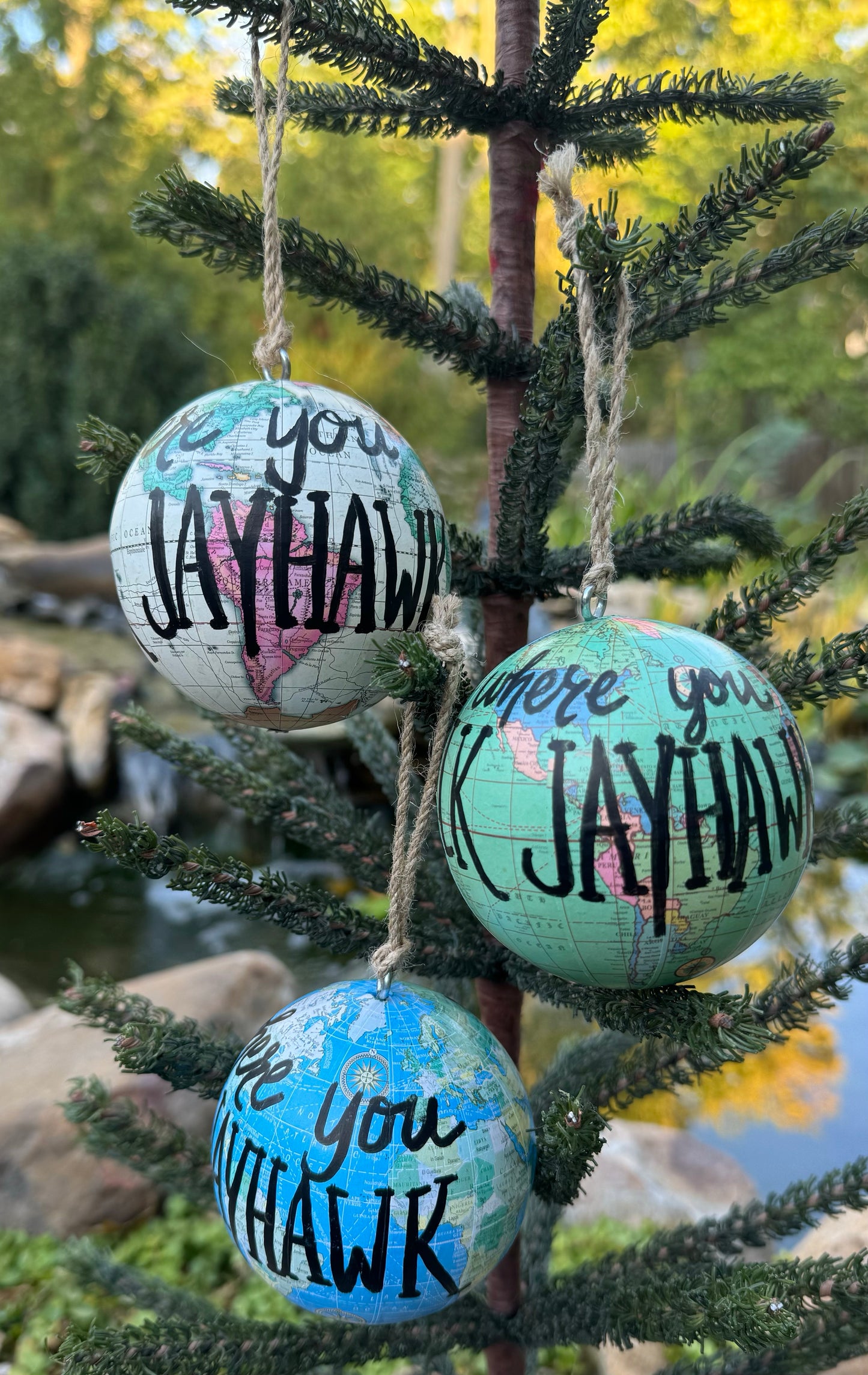 “Home is where you Rock Chalk Jayhawk” Map Globe Ornament