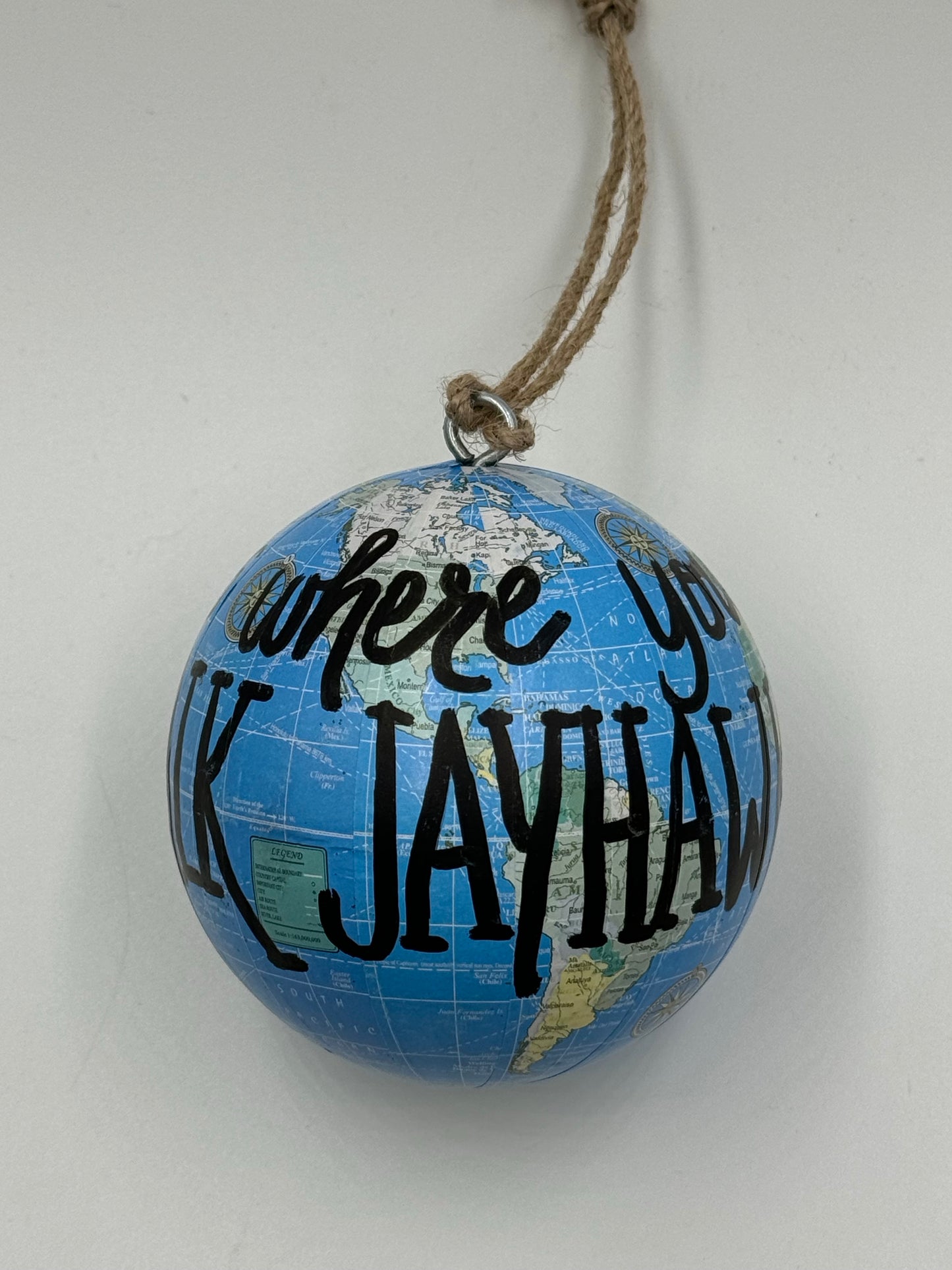 “Home is where you Rock Chalk Jayhawk” Map Globe Ornament