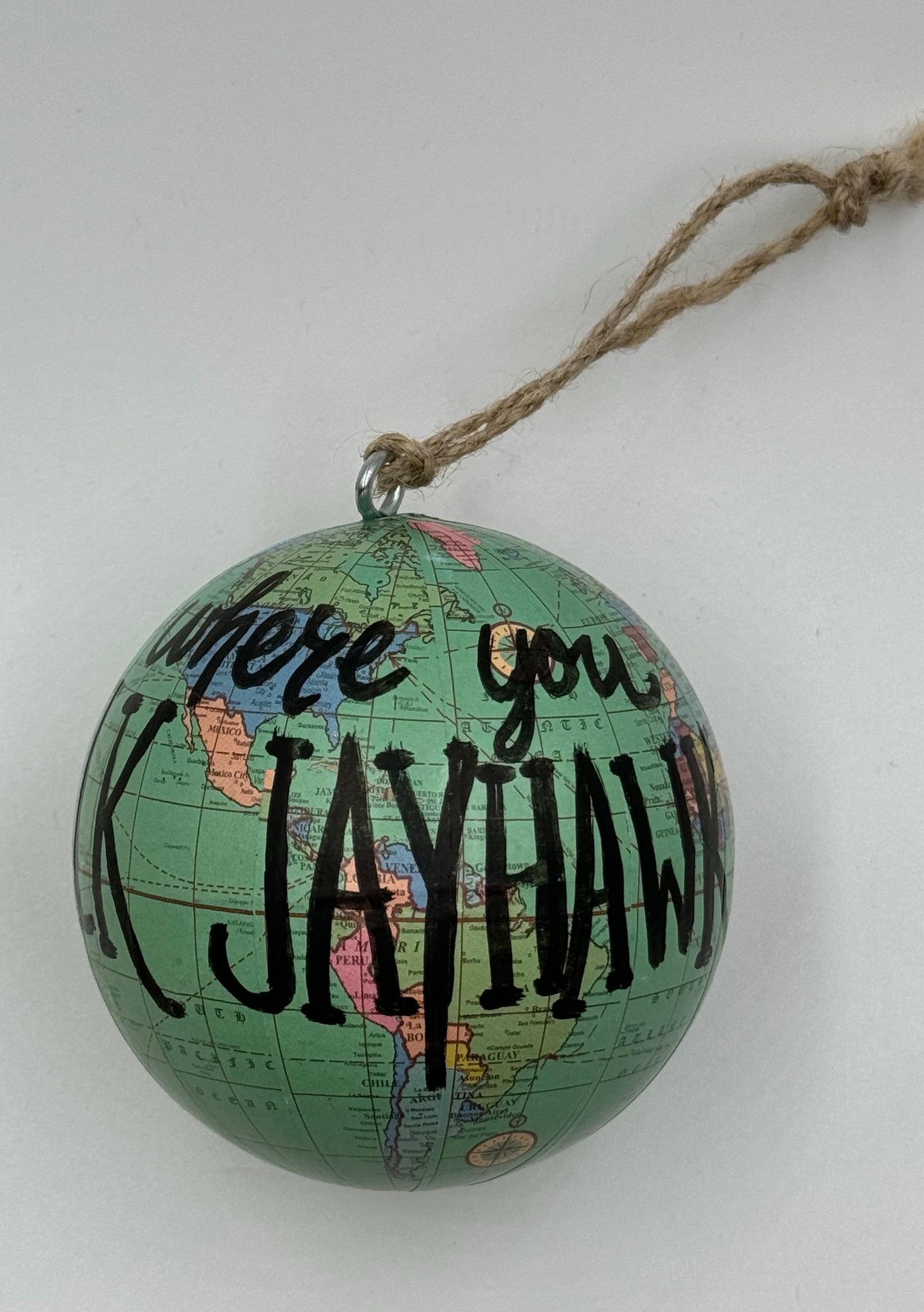 “Home is where you Rock Chalk Jayhawk” Map Globe Ornament