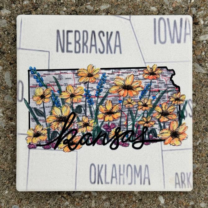 Kansas Wildflowers- State Map Stone Coaster