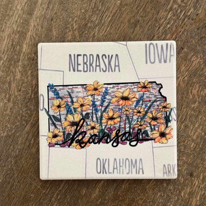 Kansas Wildflowers- State Map Stone Coaster