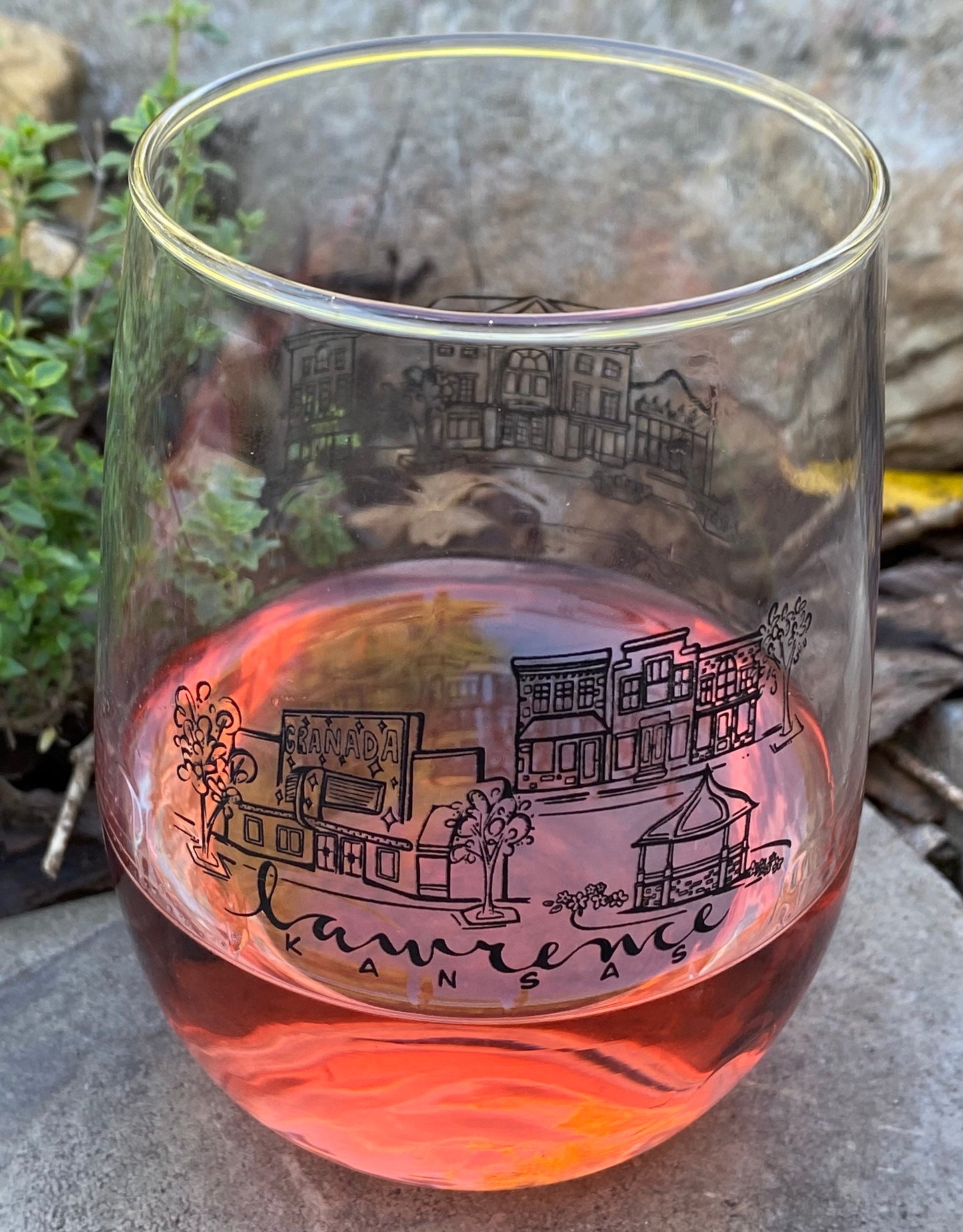 Sights of Lawrence black sketch stemless wine glasses