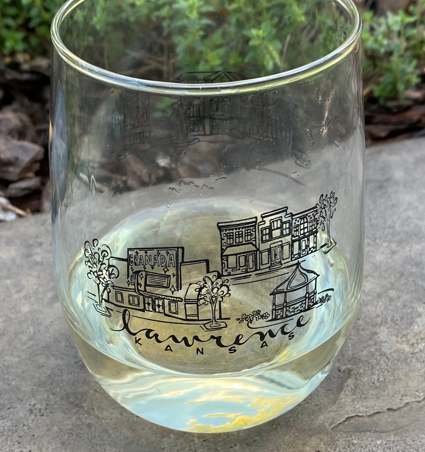 Sights of Lawrence black sketch stemless wine glasses