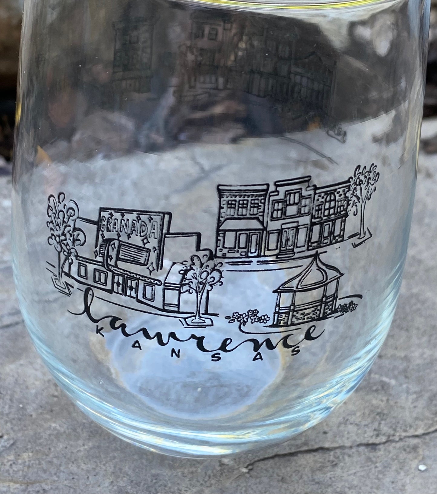 Sights of Lawrence black sketch stemless wine glasses