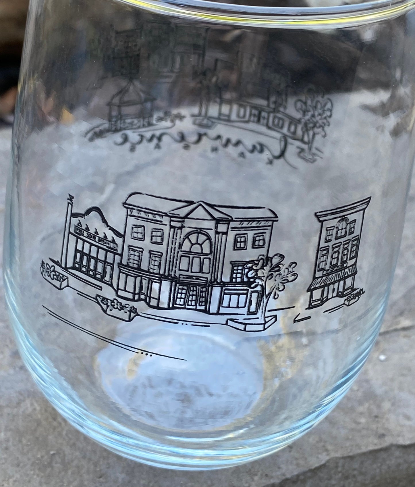 Sights of Lawrence black sketch stemless wine glasses