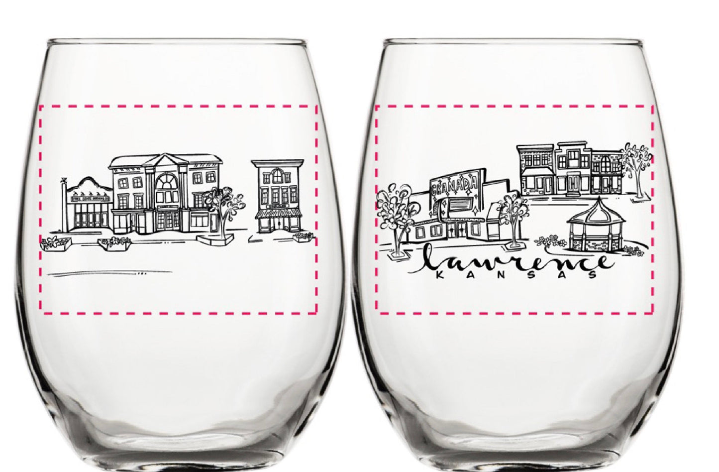 Sights of Lawrence black sketch stemless wine glasses