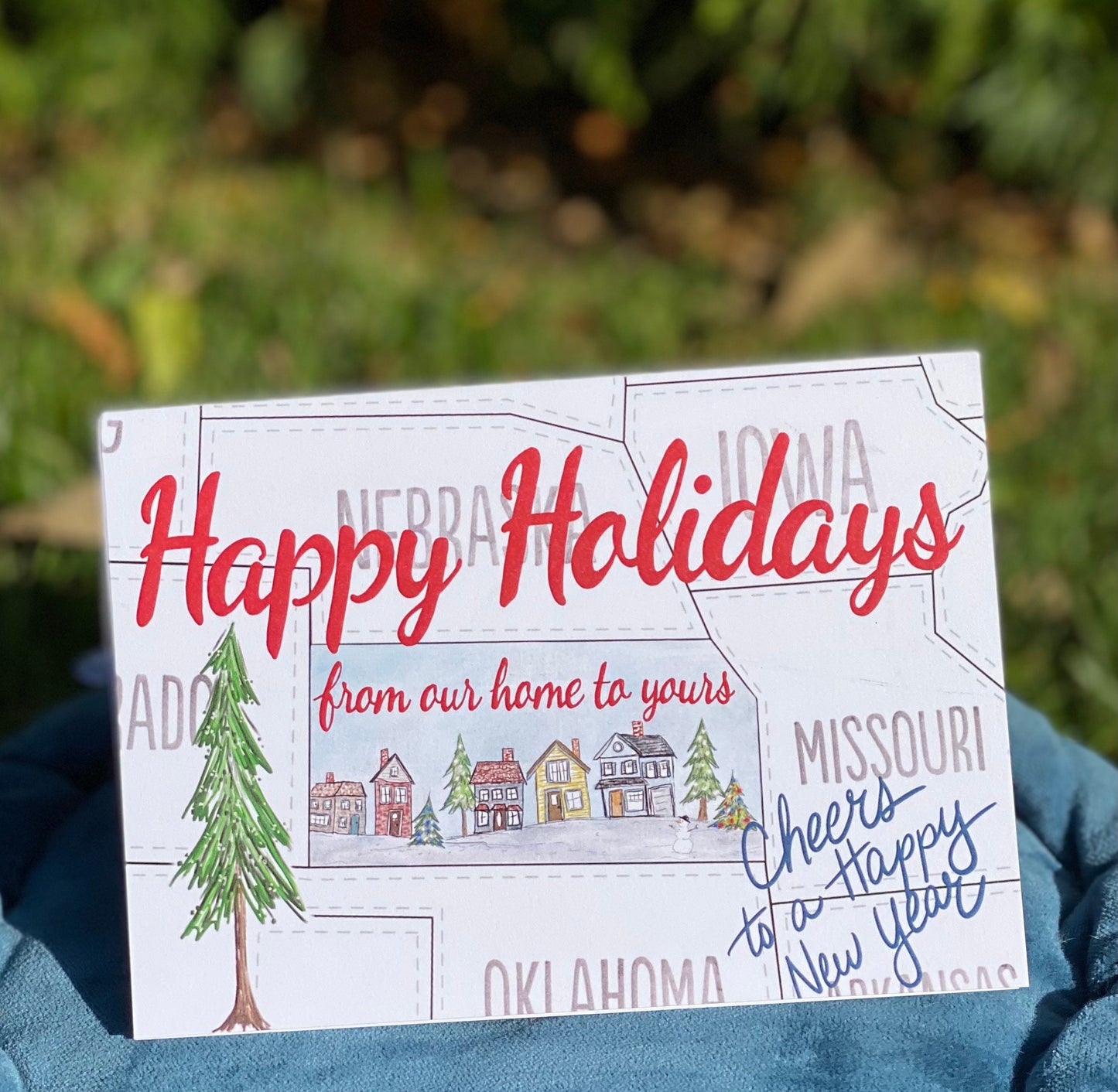 Kansas" Happy Holidays from our home to yours" greeting card