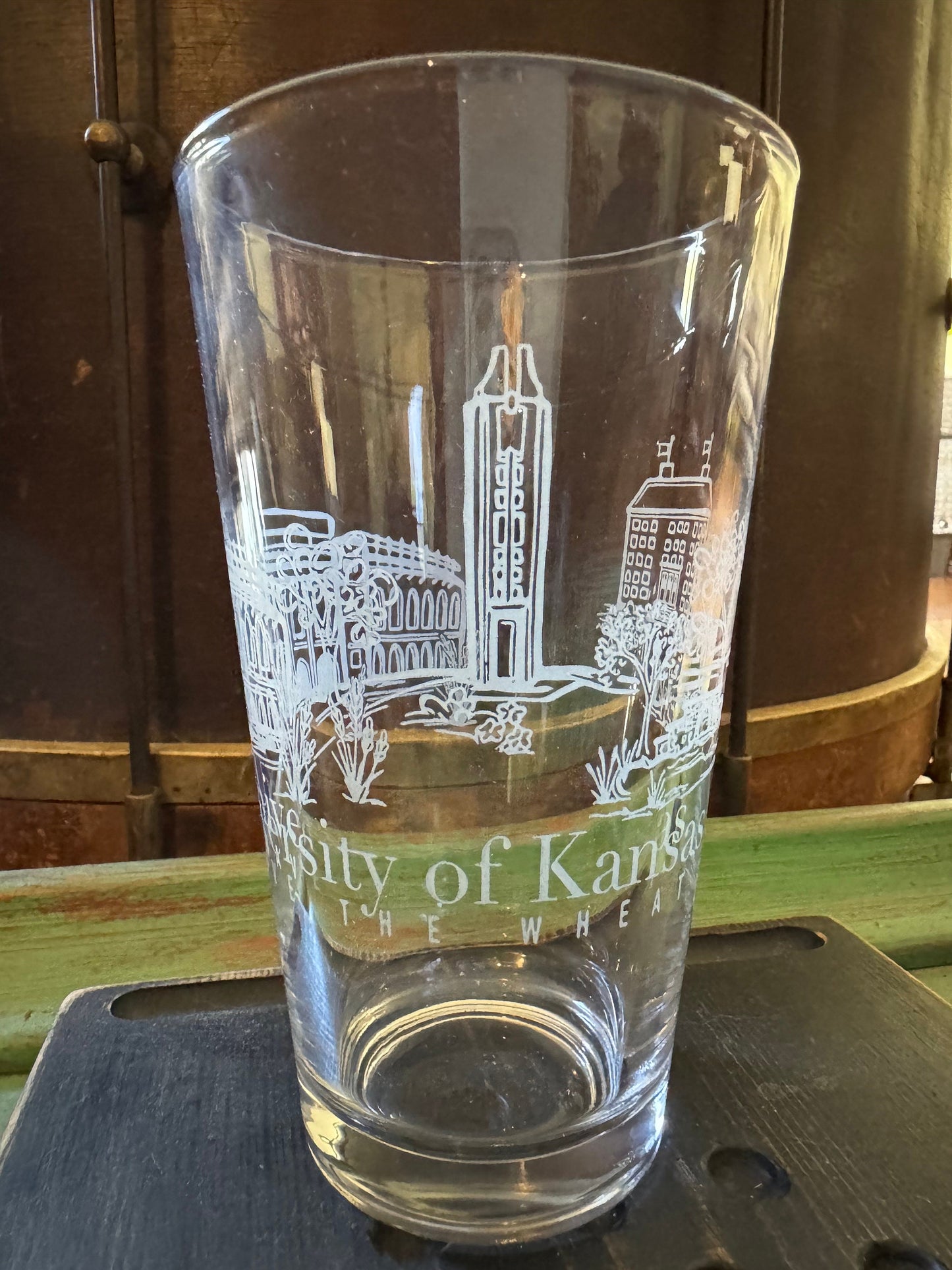 University of Kansas Wave the Wheat pint glass